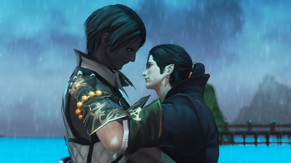 Dornni and Dacien embrace, sharing an intimate moment in the rain.