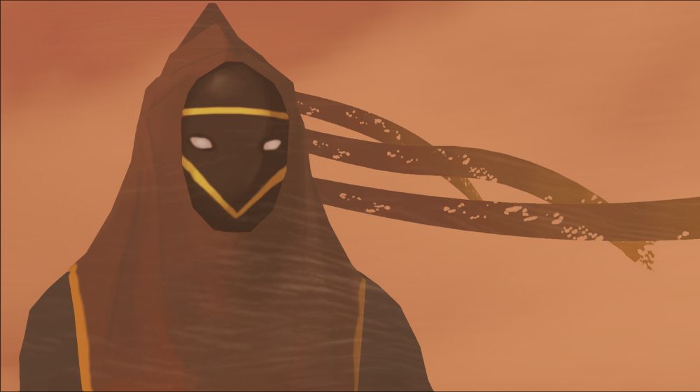 A close up of the early character design for Journey, standing in a windy dust storm. This is a frame taken from an early mock trailer we created to help convince Sony to move ahead with the project in the early days of its development.