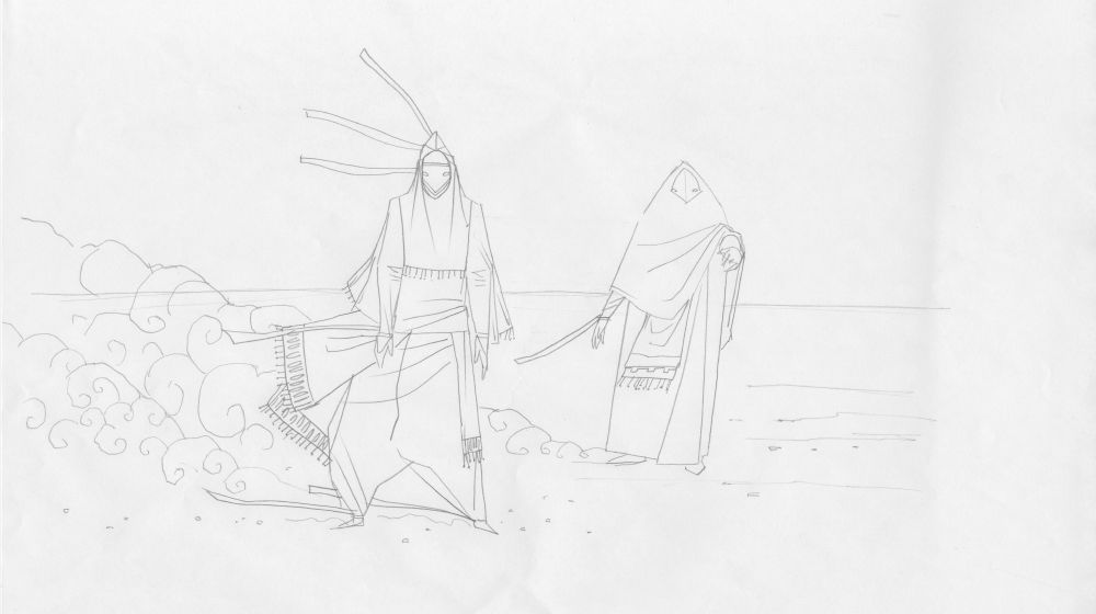 An early pencil sketch I drew exploring the character design for Journey. At the time I thought we may want different players to have different looking outfits, so there are two different looking robed characters, standing in a dusty plain.