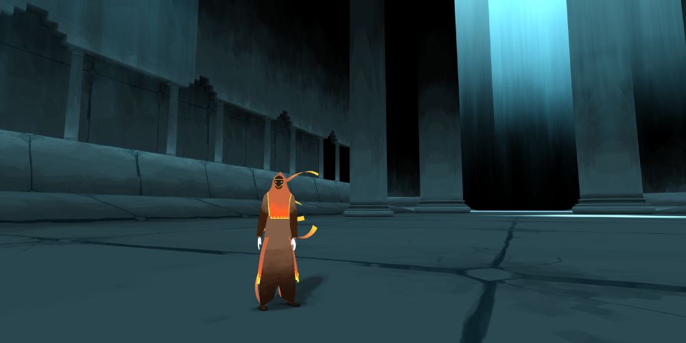 A screenshot from an early level I created for the game Journey. Instead of using vertex baked lighting or light map textures, I painted a textural gradient and mapped it to surfaces using UVs, to create the sense of light and shadow.
The scene depicts a dim, cavernous architectural space with tall columns receding vertically into the darkness. The early Journey character stands in the foreground, its red shawl contrasting against the blue tinted space.