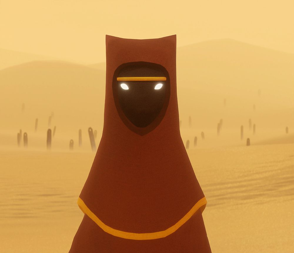 A close up of the final character design of Journey, standing in the desert. It's face mask design is very similar to the early character designs I did for the "Ninja" character.