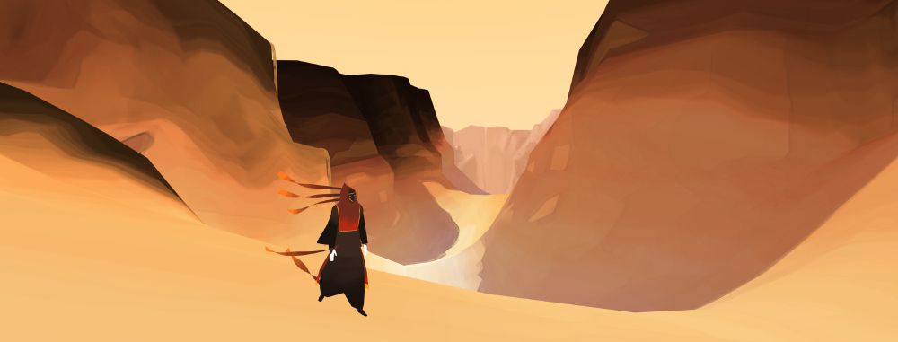 An early visual design test for Journey, where I hand painted shadows and projected them on the terrain. The scene depicts a sunlit canyon, with the early character design standing in the foreground. In the distance, a very early version of the final destination of Journey can be seen- the mountain with a vertical passageway in it.