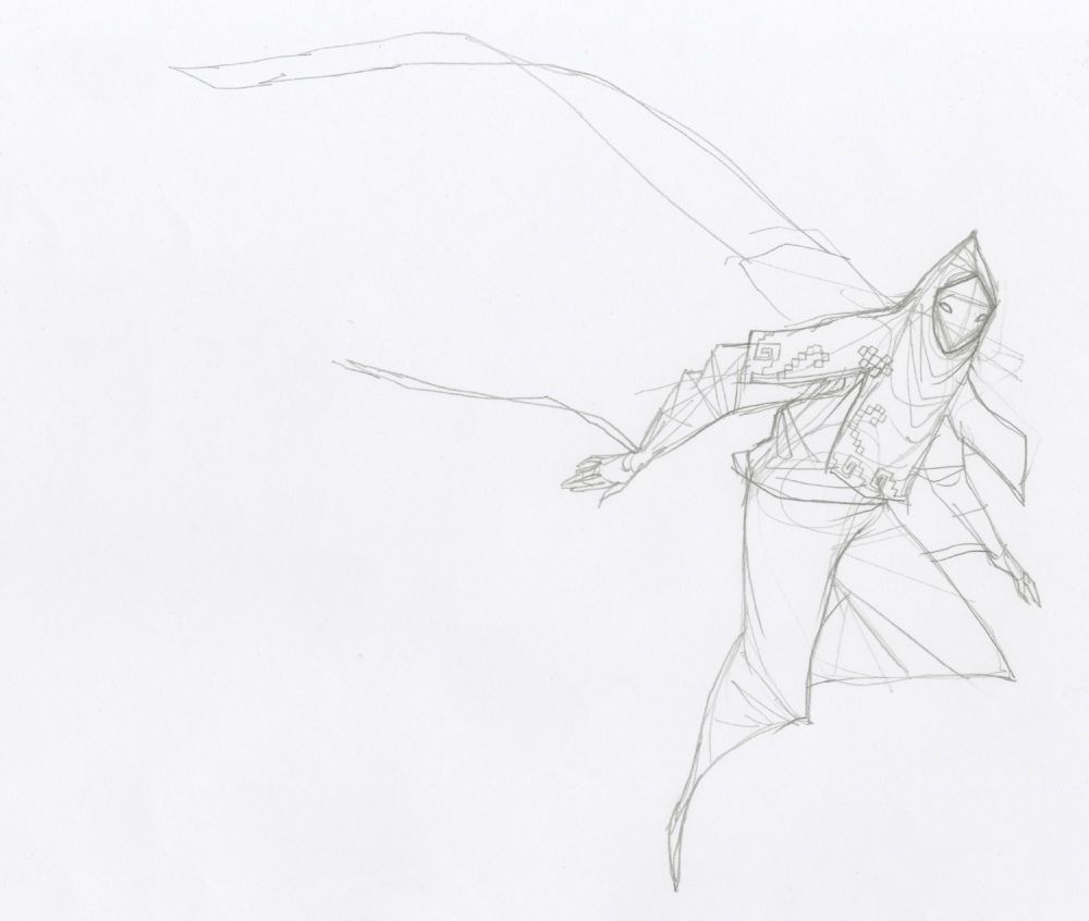 An early pencil drawing sketch I did exploring the design of the Journey character. It features a cloth hood with pattens on it, a scarf, and a face mask.
