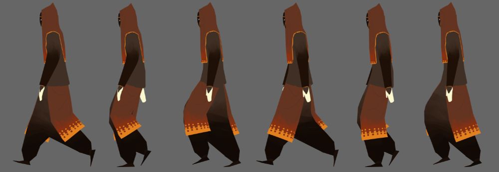 Frames from a walk cycle I animated to allow the "Ninja" character to be playable in early versions of the game Journey.