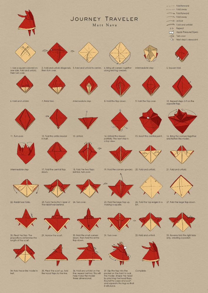 Visual instructions for how to fold the origami Journey Traveler, designed and illustrated by Matt Nava (me!)