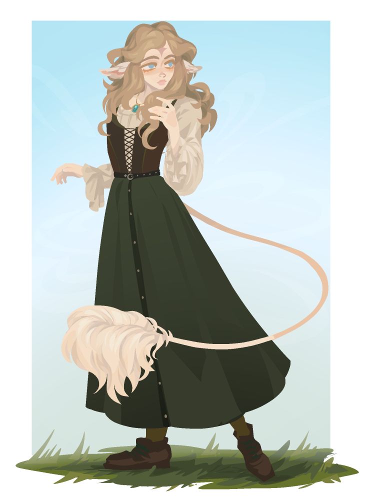 A fair skinned blonde character with white goat ears. He has a long slender tail with a fluffy tuft of white hair at the end.  He is wearing a medieval  brown corset, with a off white billowing blouse underneath, with a long green skirt, and brown leather boots.