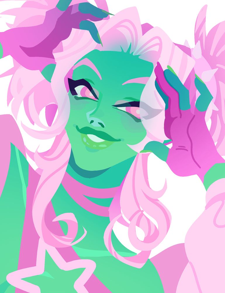 a portrait commission of a green skinned alien oc with light pink hair and clothing.