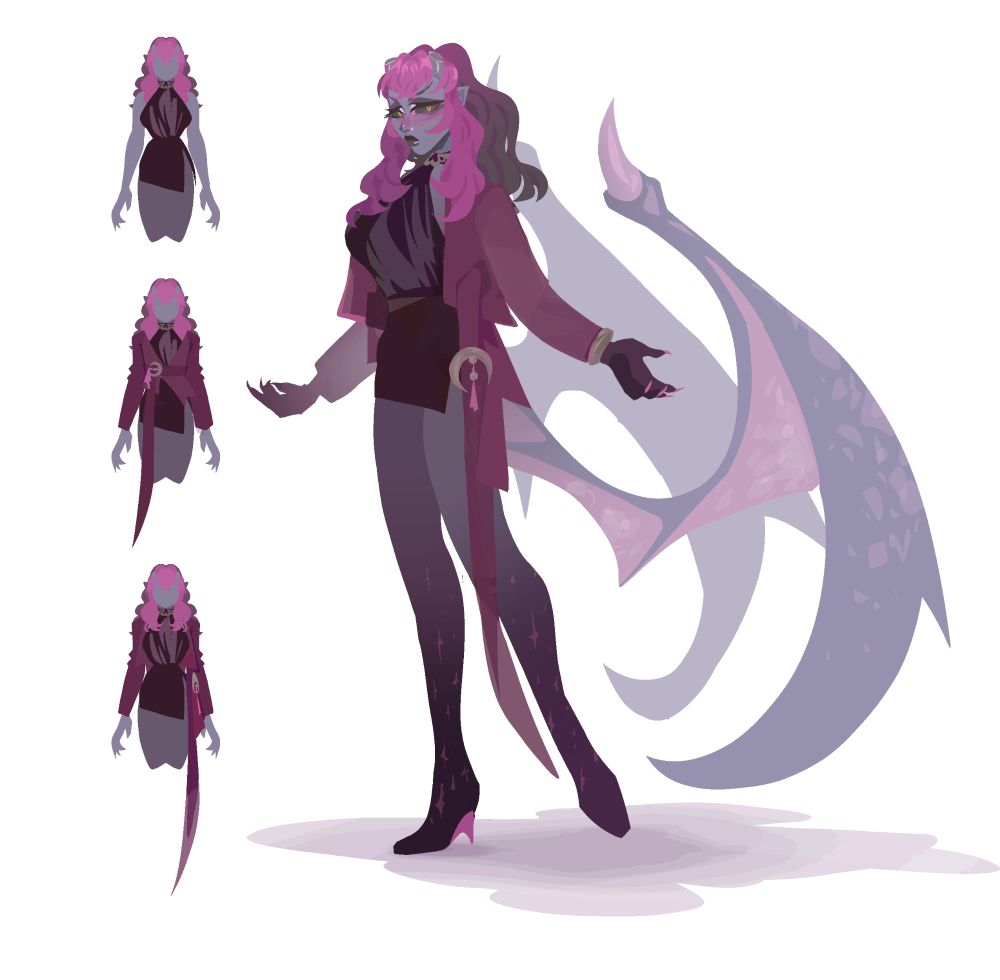 A pinky grey winged demon lady, modeling a new outfit designed for them. A cropped burgundy jacket, it has a belt at the waist with a silver moon buckle. A see through silky black halther dress with a short skirt and side slit. 