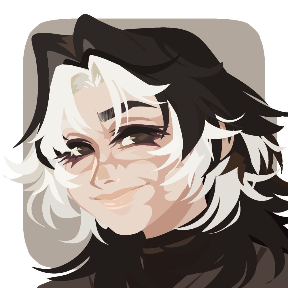 A headshot of a character smiling softly. They have black medium length whispy hair with a white fringe. They also have a large scar on their face that goes from chin to right eye, and then over the bridge of the nose. 