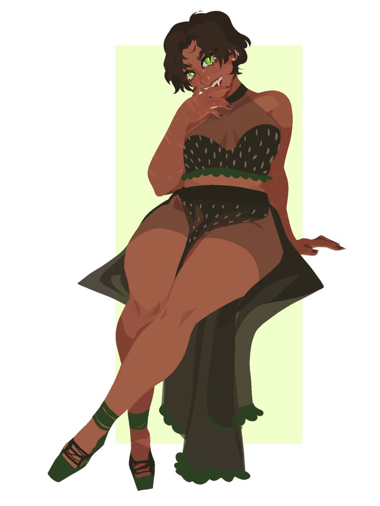 A person sitting, leaning back on one hand, legs crossed. They are smirking to the viewer, hand slightly covering their mouth.  