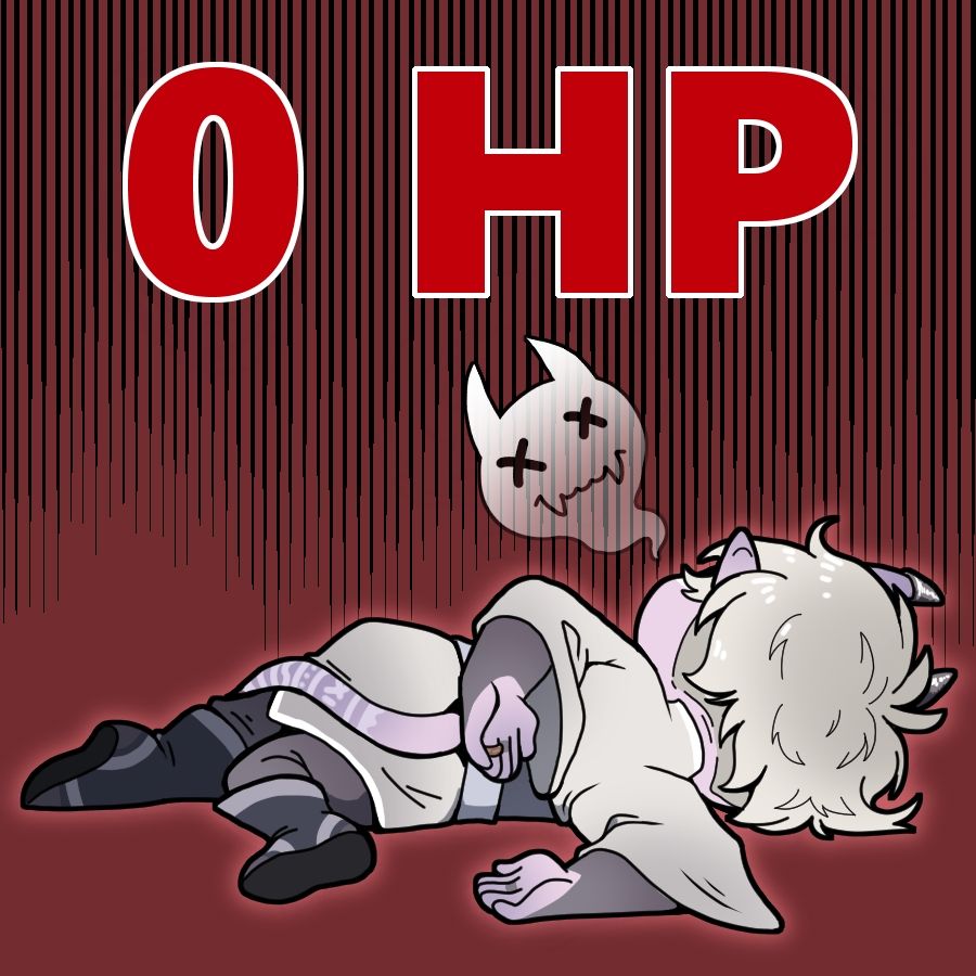 A purple tiefling in grey robes, laying on the floor in the family guy death pose. Above him, in bold red text, it reads "0 HP"