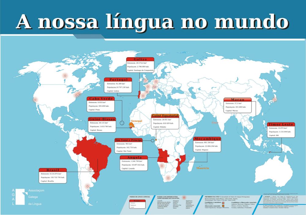 Mapa da AGAL “A nossa língua no mundo”, com todos os territórios que falam na nossa língua comum