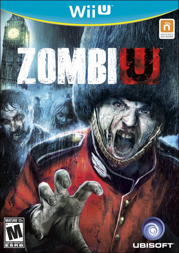 The game case for ZombiU (zombie U). We can see a royal guard zombie trying to eat our brains, another zombie behind them, and Big Ben in the background!