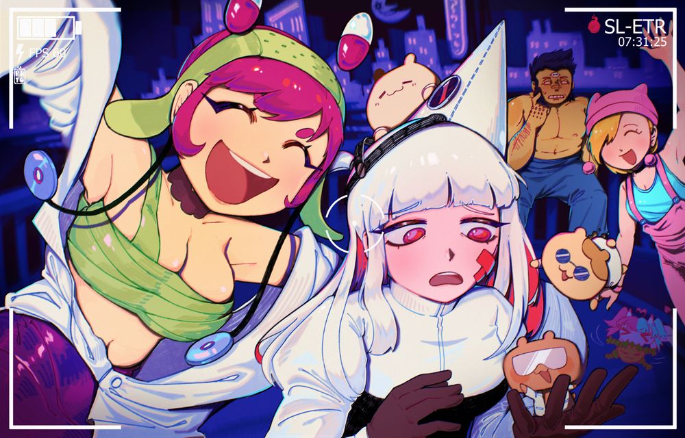 Illustration of four characters created for Pinuwuk's Soul Eater OC collab. They're framed in a camera's viewfinder. 
