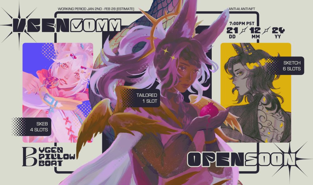 Promotional graphic design with illustrations exemplifying the different types of services provided. Text reads: VGen comm open soon. Skeb 4 slots, tailored 1 slot, sketch 6 slots. Working period January 2nd to February 28 (estimate). Anti-AI Ani-NFT. Opening time/date is 7PM on the 21st of December, 2024. The illustrations are in a painterly style with bright colours, and a sketch to the right with a bright yellow background. 