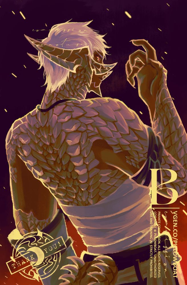 Digital painting of an au ra from FF14 looking over his shoulder, hand raised and flexed. He is backlit by a fire in the background, with sparks flying upwards. 