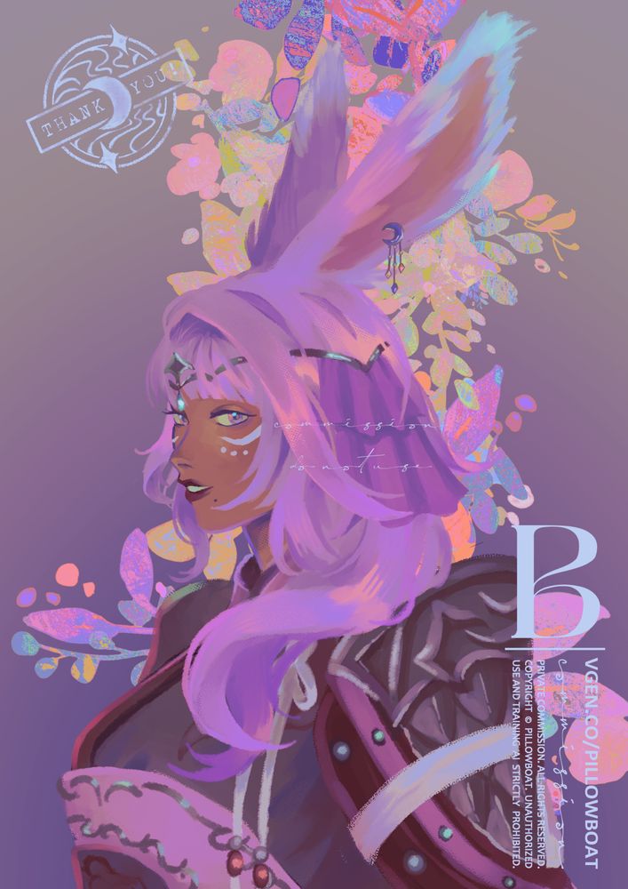 Digital painting of a femme viera with long purple hair over her shoulder. She looks at the viewer with a soft smile. The background is full of colourful flowers.