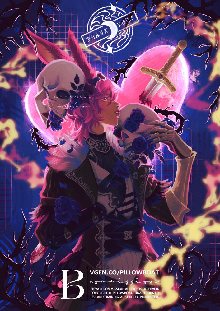 Digital painting of a viera standing between two skulls, with several blue roses inside the skull's eyes and mouth. He holds a blue rose in his hand and looks at the viewer with a stoic expression, backlit by a large glowing heart in the background with a bloodied sword running through it. The illustration is framed by several black thorns.