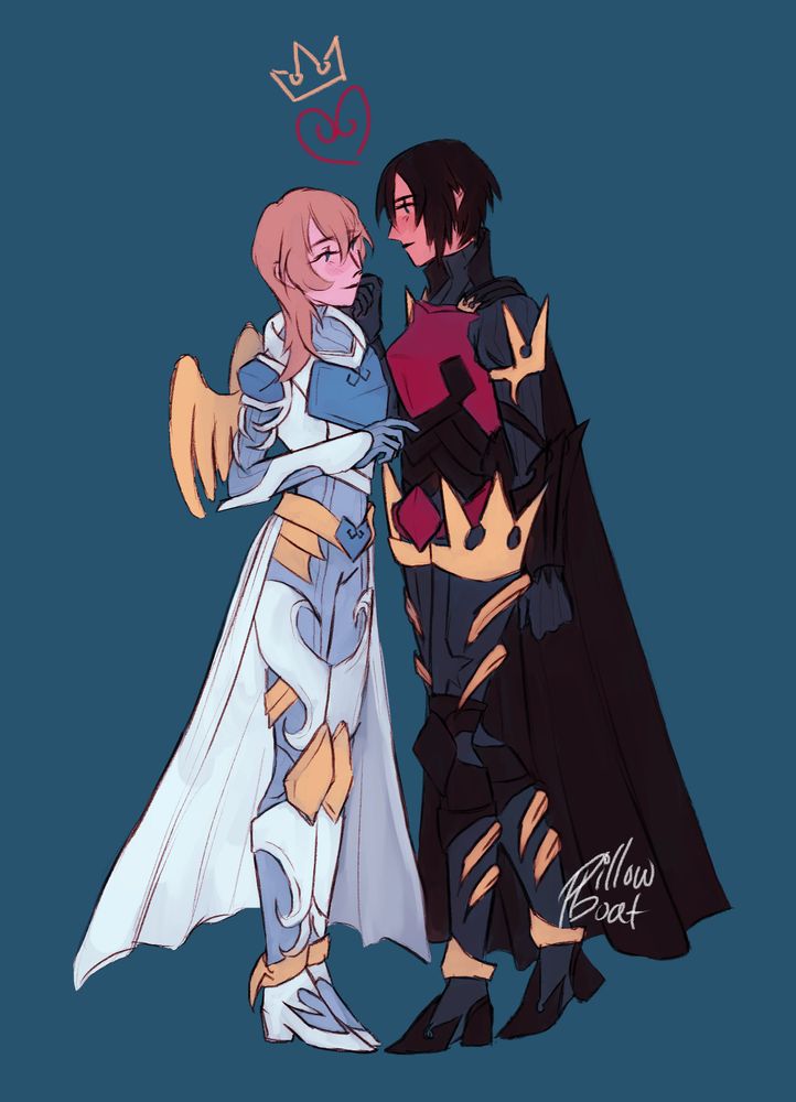 Drawing of Namine and Xion from Kingdom Hearts. Namine is wearing white and pastel blue armor with yellow accents, including yellow wings and a flowing white skirt. Xion has black and red armor with yellow accents and crown-shaped accents, and a long flowing black cape. They are looking at each other lovingly, with Xion's hand caressing Namine's cheek. 