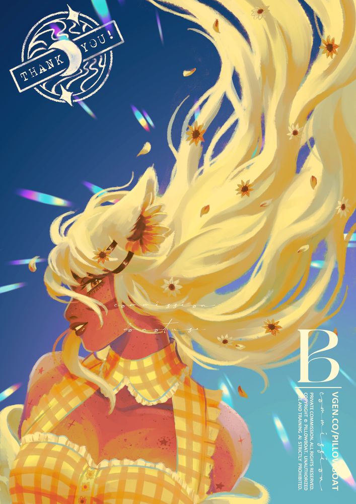 Digital painting of a miqo'te from FF14 with golden blonde hair flowing upwards, decorated with tiny sunflowers and petals. The background is a sky blue gradient with light prism specks flying outwards. 