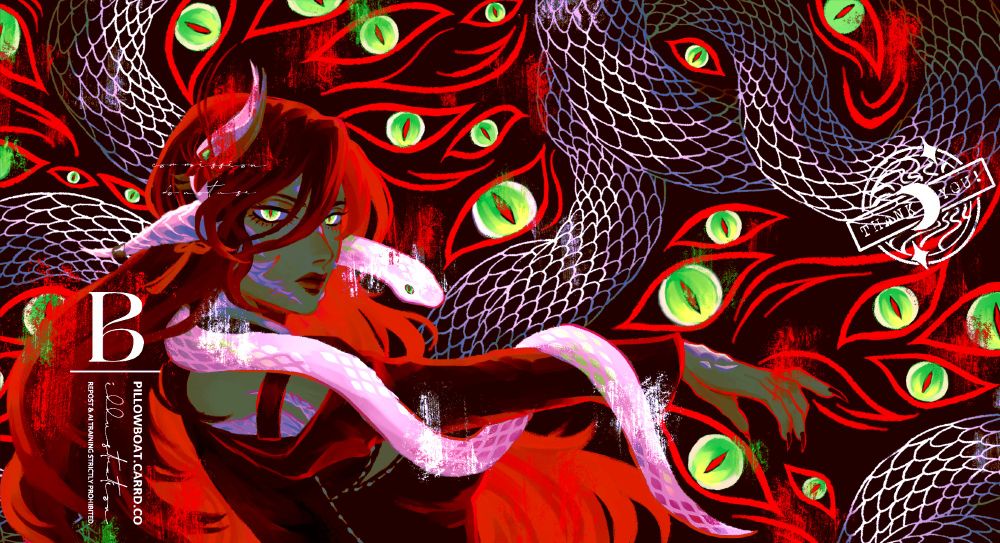 Digital painting of female au ra from FF14 with glowing green eyes and long, bright red and black hair. She looks at the viewer with a dangerous gaze as a white snake wraps around her outstretched arm and up her shoulder. The background is full of of eyes that mimic the au ra's, with a twisting white snake pattern.