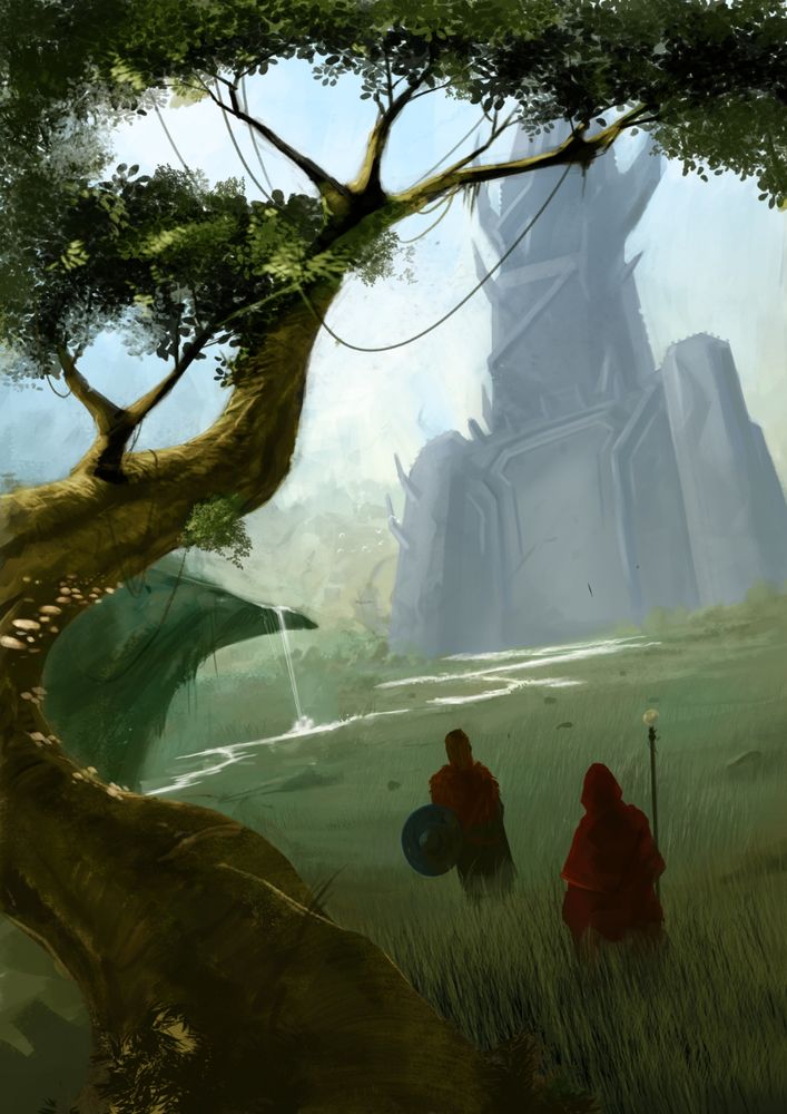 A pair of adventurers stand in tall grass, looking at a mysterious tower in the distance.