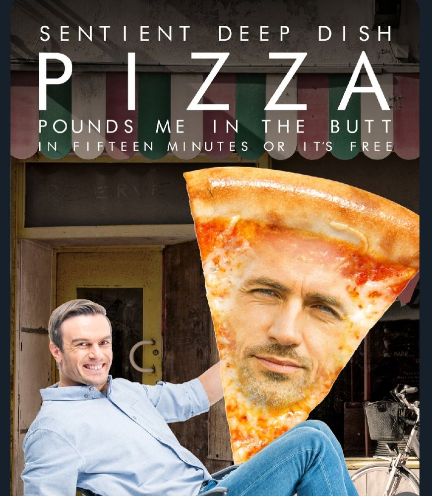 Screenshot of a Chuck Tingle erotica book entitled "Sentient Deep Dish Pizza Pounds Me In The Butt In Fifteen Minutes Or It's Free"