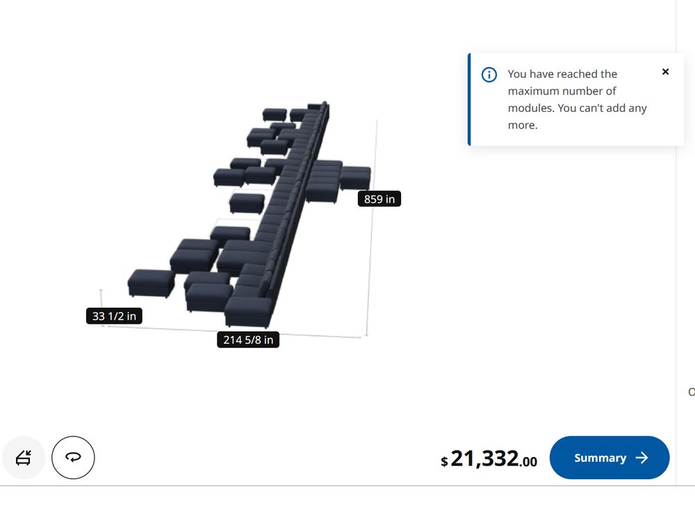 a very strange looking couch with many seats and randomly placed ottomans priced at $21,332.