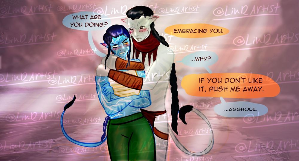 my villain AU ocs Storm and Rovan. Rovan is hugging Storm from behind while she has an annoyed look on her face.

Dialogue: 
Storm: WHat are you doing?
Rovan: Embracing you.
Storm: ...Why?
Rovan: If you don't like it push me away.
Storm: ...Asshole.