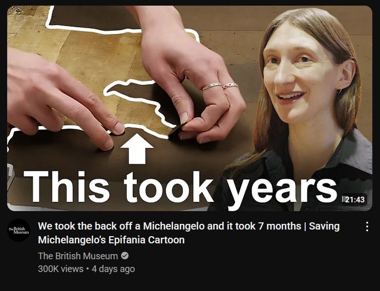 youtube thumbnail from the british museum titled "We took the back off a Michelangelo and it took 7 months"