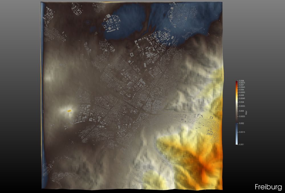 PGV shakemap using USGS VS30 near-surface model in local simulation for the city of Freiburg, Germany, of the Waldkirch 2004 Mw4.7 event