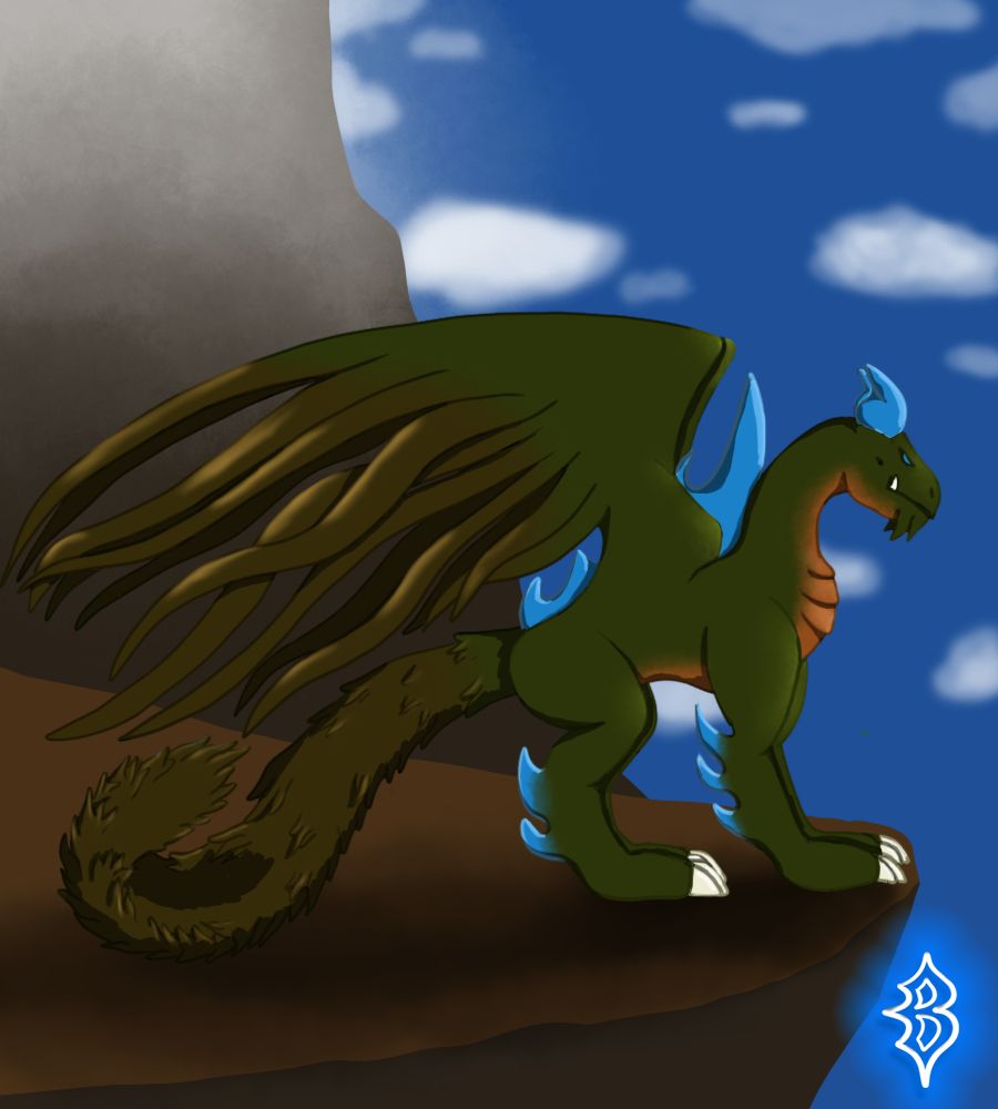 the fur tail dragon from a distance looks like it has a fluffy mammal like tail, but in reality the "fur" is made of long, feather like scales made to regulate body temperature. the wings on its back are built in a similar way, but allow for gliding by catching air as the dragon descends from a high place. this gliding mechanic makes mountains an ideal place for the dragon to make its nest.