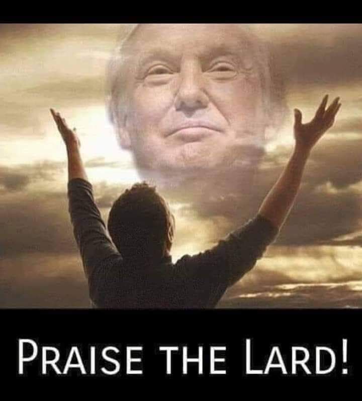 Picture of trump with man in foreground with his hands raised saying 