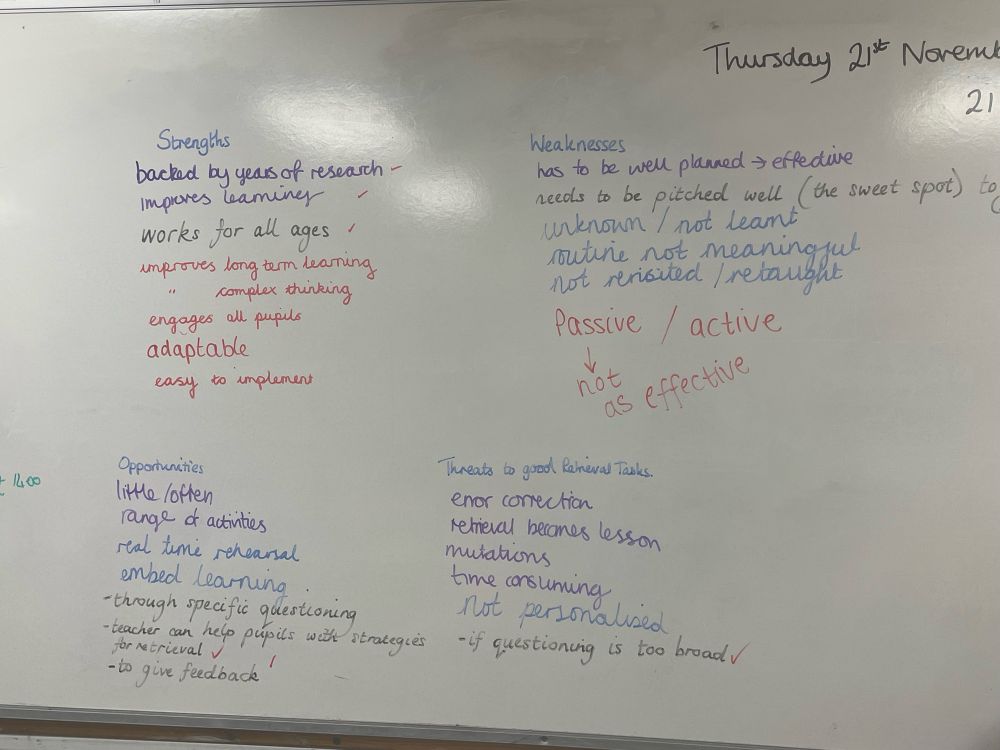A compilation of teacher thoughts under each SWOT heading 