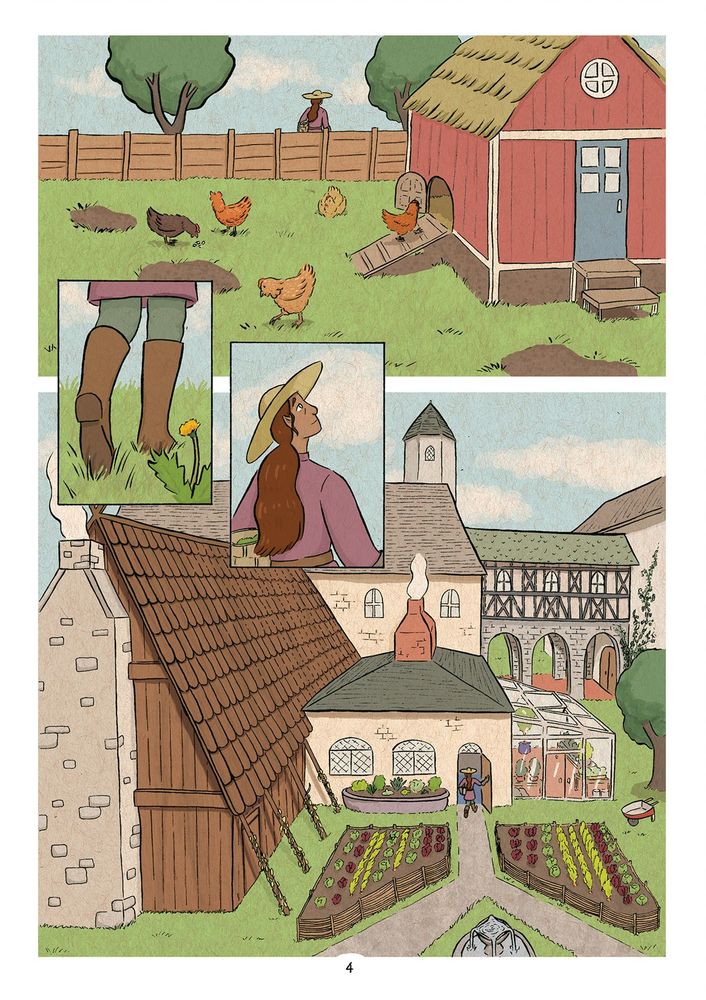 A sample page from my webcomic, At the Inn.  Across four panels, we see Minerva turn away from the chicken coop, walk back toward the main building of the Inn, look up at it with a smile, and walk through the back door of the kitchen.  The final shot captures a wide view of the inn itself, from the longhouse to the central tavern, kitchen, greenhouse, bridge to the guest rooms, and one of the gardens.