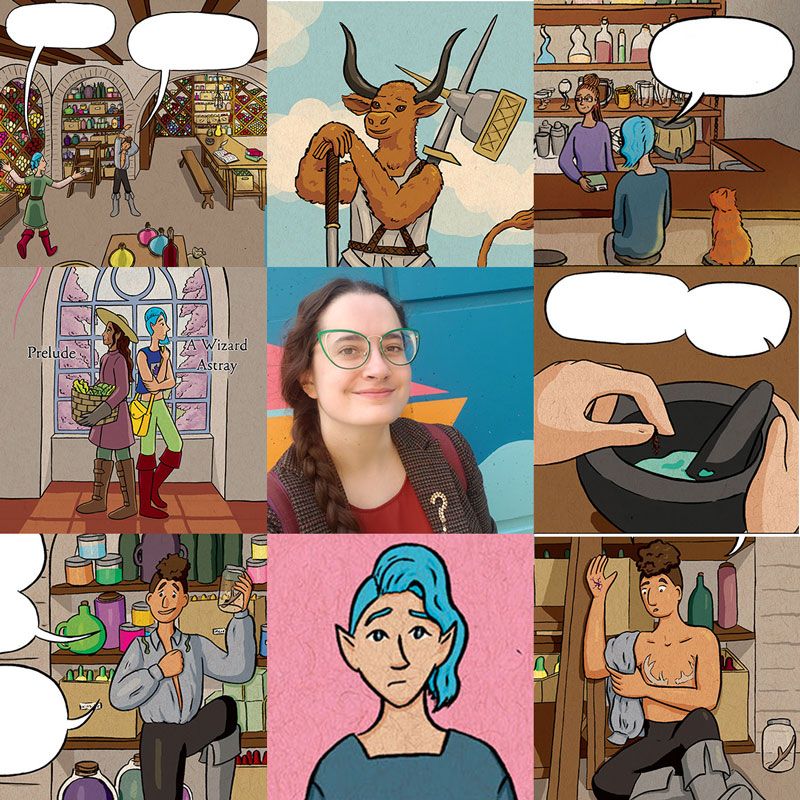 A 3x3 grid of images.  The center image is a photo of the artist, wearing glasses and smiling in front of a colorful background.  The other eight images are samples from illustrations and comics pages she drew in 2024, mostly scenes from her webcomic At the Inn.