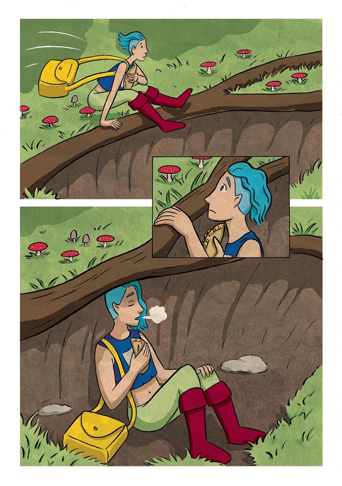In panel 1, Andreja vaults over a fallen log into a sheltered hollow.  In panel 2 she peers out of her hiding place, checking that she hasn't been followed.  In panel 3 she drops onto the ground with a sigh, having safely escaped with her stolen pastry.