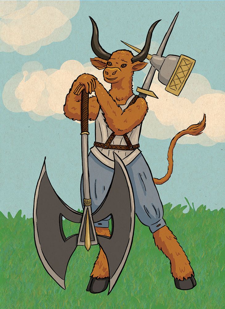 Character portrait of a minotaur warrior holding a very large axe, a hammer strapped to her back.