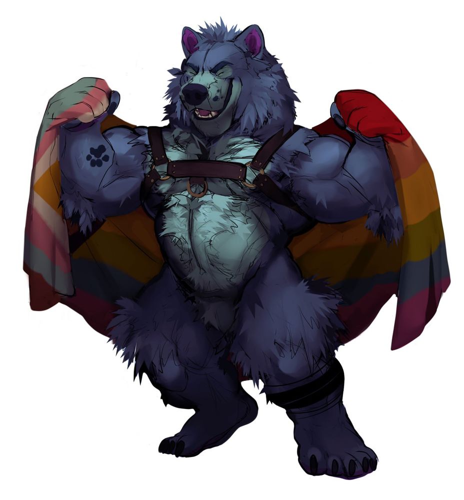 A fuzzy Bruce in a leather harness with a progressive pride flag draped over his shoulders. 