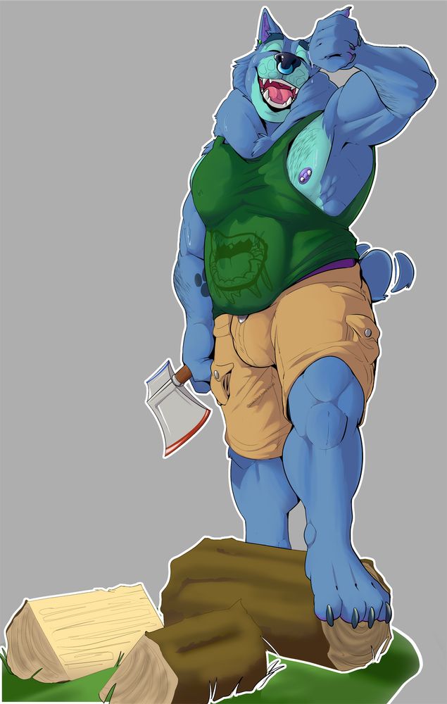 Bruce chopping a log wiping the sweat of his brow. 