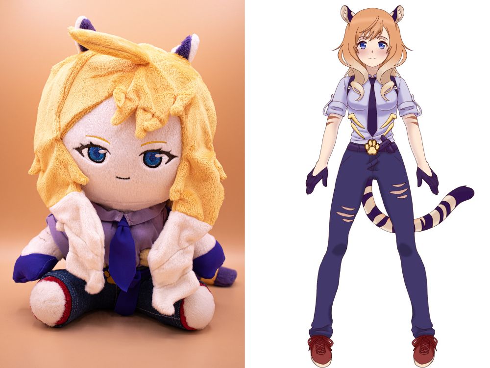 A plushie of Spacey Tora, side by side with her full art. The pattern is the Big Sitting Chibi and ITH Eyes Number 13 by Mon Pattern on Etsy, and the tail, ears, breasts, clothing, and hair are patterned by Kyuu! 

I actually made Tora after making her official adorable tiger, Solar, and wanted to continue using the same colors for continuance, so they'd match. This was my first time using the eye pattern that Mon Pattern makes, and it makes the face look smaller, so my hope is if I keep using it, I make them bigger. I like the buttons of the others, it gives a Coraline vibe and typical style of other vgen artists who make plushie art. But I tried using a swimsuit material for all of Tora's details, and I loved working with it, and put it EVERYWHERE. It was so much fun. You can't see it, since the clothes are sewn on, but I also hand embroidered all of Tora's exact stripes on the arms, and down the back. phew.

Tora is a firey tiger Vtuber, with long blonde hair with ringlets in the front. She has purple tiger ears on top of her head, and a stripey tail in blonde and purple. She has a light purple collared shirt, pushed up past the elbows, and has tiger stripes poking out. She has small gloves, a purple tie, and a purple harness with a yellow/bone colored spine that peeks to the front. She also has slightly ripped long jeans, and red tennis shoes, and has a belt with a large paw printed belt buckle. 