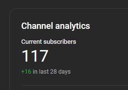 A screencap of a youtube channel analytics box with 117 current subscribers, +16 in the last 28 days. 