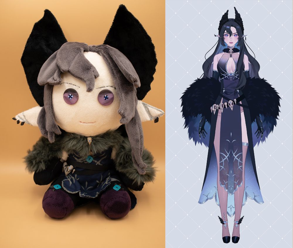 A plushie of Ziria, side by side with her art. The pattern is the Big Sitting Chibi by Mon Pattern on Etsy, and the ears, wings, breasts, clothing, and hair are patterned by Kyuu! 

I went through so many clothing attempts with poor Ria, I tried glitter fabric, satin, tiny grey filled piping details, satin stitching, suiting material, and none of them worked out on such a small scale. I ended up liking the look of drawing on the fabric like I did with Lacuna's, and I thought it came out great on her dress for all the tiny details. I tried to fit as many of the parts as possible, and adding buttons instead of gems, so you're drawn more to her eyes. These were perfect buttons that I got, and I wanted them to stand out to everything else lol! I also had a friend of mine 3d print some crow skull earrings to different sizes, and my roommate painted them to as close to bone colored as possible, and I attached them EVERYWHERE. THEY WERE PERFECT!

Ziria is a bird themed deity Vtuber, with a lot of feather motifs and designs. She has black feathers in a headband on either side, and longer elf-like pointed ears, with feather earrings. She has long grey hair with a dark blue highlight design, and a large fur/feather boa around the arms and wrapped around her back. She has several crow/bird skulls, wrapped around a sash on the waist, and also at the neck over a fur/feather choker. She has a navy to light blue dress on, with silver shiny details, and pointed stilettos  with more silver jewelry like details. 