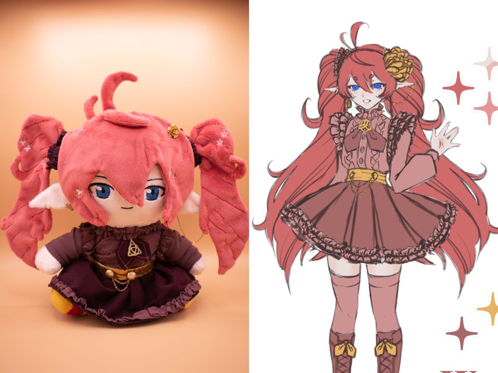 A plushie of Wren, side by side with her art. The pattern is the Big Sitting Chibi by Mon Pattern on Etsy, and the ears, clothing, and hair are patterned by Kyuu!

When I was making Wren, I knew I wanted to print all of the tiny details and paint them all at the same time, instead of having them all be different golds to match. I also tried to get full clothing pieces in the pinks needed, so I could make sure all the colors followed the reference and use a minimal amount of variations. In Wren's current chibi model, she has sparkles in the hair, and I had extra translucent flower pieces from a recent order, so I sewed those into the hair to match!

Wren is a Fae vtuber, with elf ears and long ponytailed mauve hair. She has frills everywhere, including in the hair and on the edges of the clothing. She wears a light rose colored sweater with cable knit and long sleeves, and a darker rose colored pleated skirt. She has tall boots, thigh highs, and lots of golden decor, a rose, celtic knots, and a waist band with a golden chain. 

