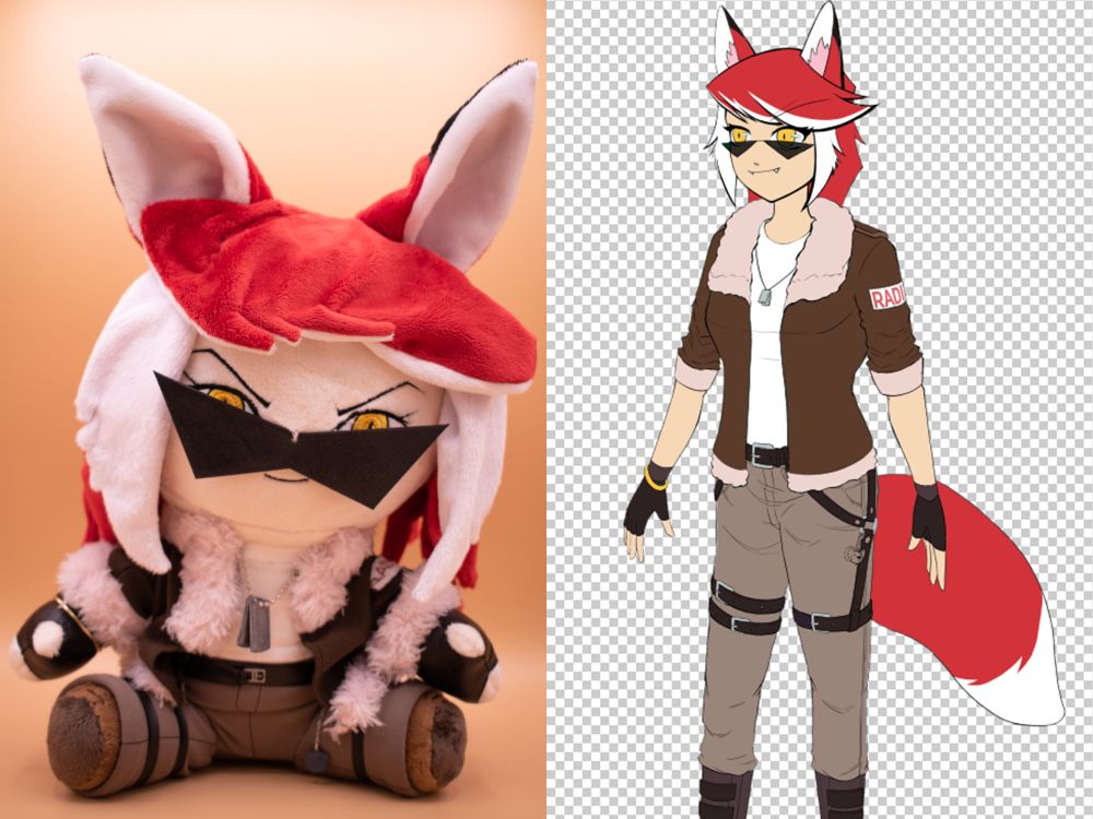 A plushie of Radi, side by side with her art. The pattern is the Big Sitting Chibi by Mon Pattern on Etsy, and the ears, clothing, tail, and hair are patterned by Kyuu! 

When I worked on Radi, I had decided that I really wanted to have the hair keep the two different colors, without having to resort to using the embroidery machine and flatten the hair, so I made the second piece of the bangs keep the white! I also used the brown from Kapen's apron for the bomber jacket, and used some gold earrings for the bangle so it can be removed if ever needed! I even printed a koala head too, for the tiny charm on the pants. :)

Radi is a fox themed Vtuber, with fox ears, a fox tail, and golden eyes behind black triangle shades. She wears a brown bomber jacker with her name stitched on the arm, and pink/beige fluff on the edges of the jacket. She has fingerless gloves, light brown cargo pants, multiple belting, a white tshirt, and tall brown boots. Her hair is red and white, in multiple sections to match the fox theme. 