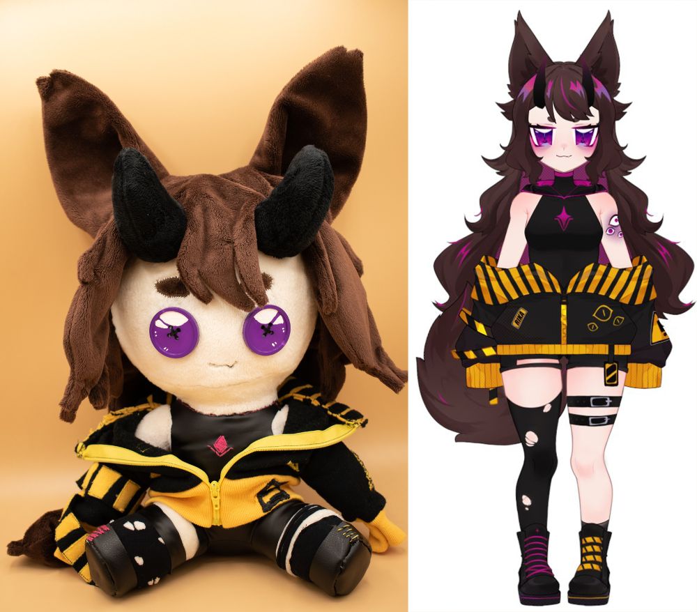 A plushie of Dame Rika, side by side with her full body art. The pattern is the Big Sitting Chibi by Mon Pattern on Etsy, and the tail, ears, clothing, and hair are patterned by Kyuu! 

Rika was my first one, and I pulled out as many stops as I could, she has a ton of details, despite having "basic" clothing, and I wanted to fit all of them in to be the most true to her design as a result. I made her before Lacuna, so her caution tape is actually stitched together, I took black sweatshirt fabric, and hand stitched on all of the yellow, and then cut it to size. I think I still have about a foot of this left over, and I wanted all of it to look a little less polished than Lacuna's sleek design, and loved the hand stitched grungy look! She was my first attempt as this large blocked out hair, and I ended up doing the same for the rest to keep with the theme, and keep them extra soft and snuggly as a result. I don't dislike the laser cut hair of modern anime plushes, but I love the softness you get with the double sided. You can't see them, but I also dyed parts of her the purple she has with no jacket, and added more safety eyes everywhere needed, haha.

Rika is a Hellhound Vtuber, with large dog ears, and black horns. She has long brown scraggly hair, and a scruffy brown tail. She wears a black fitted tanktop, and has demonic eyes on the side of her shoulder. She wears an oversized black hoodie with yellow details of eyes, the word "Rika", caution tape, and hanging bits. She has tiny shorts, a tall stocking on one leg with holes, and the other buckles. She has black combat boots, one laced with purple, and the other the continuing caution tape. 