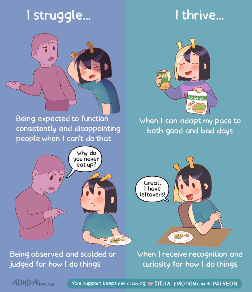 2

Comic illustration split into two panels with the headings “I struggle…” on the left and “I thrive…” on the right.

Left panel:
At the top, a person with small yellow antennae on their head looks tired and downcast while another character points at them angrily. Text: “Being expected to function regularly and disappointing people when I can’t do that.”
Below, the same person holds a plate of food, looking uncomfortable, while another character points at them and says: “Why do you never eat up?” Text: “Being observed and scolded or judged for how I do things.”

Right panel:
At the top, the same antennaed person smiles and looks content while holding a can labeled “Beans” and a box labeled “Veggies.” Text: “When I can adapt my pace to both good and bad days.”
Below, the person sits at a table with leftovers on a plate and happily says: “Great, I have leftovers!” Text: “When I receive recognition and curiosity for how I do things.”