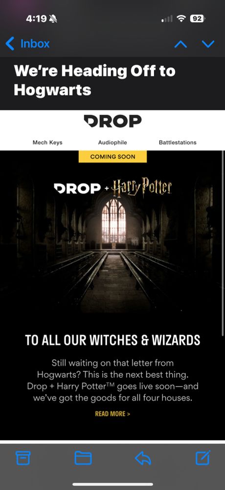 Screenshot of a promotional email from Drop (formerly Massdrop) advertising a new collaboration with the Harry Potter brand