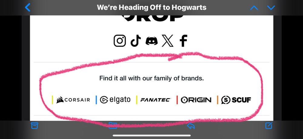 Screenshot from a Drop promo email linking their other brands: Corsair, Elgato, Fanatec, Origin, SCUF.