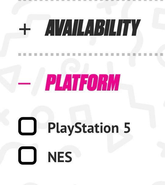 Tightly cropped screenshot of a website selling video games. Under "Platform", the only two options are "Playstation 5" and "NES".